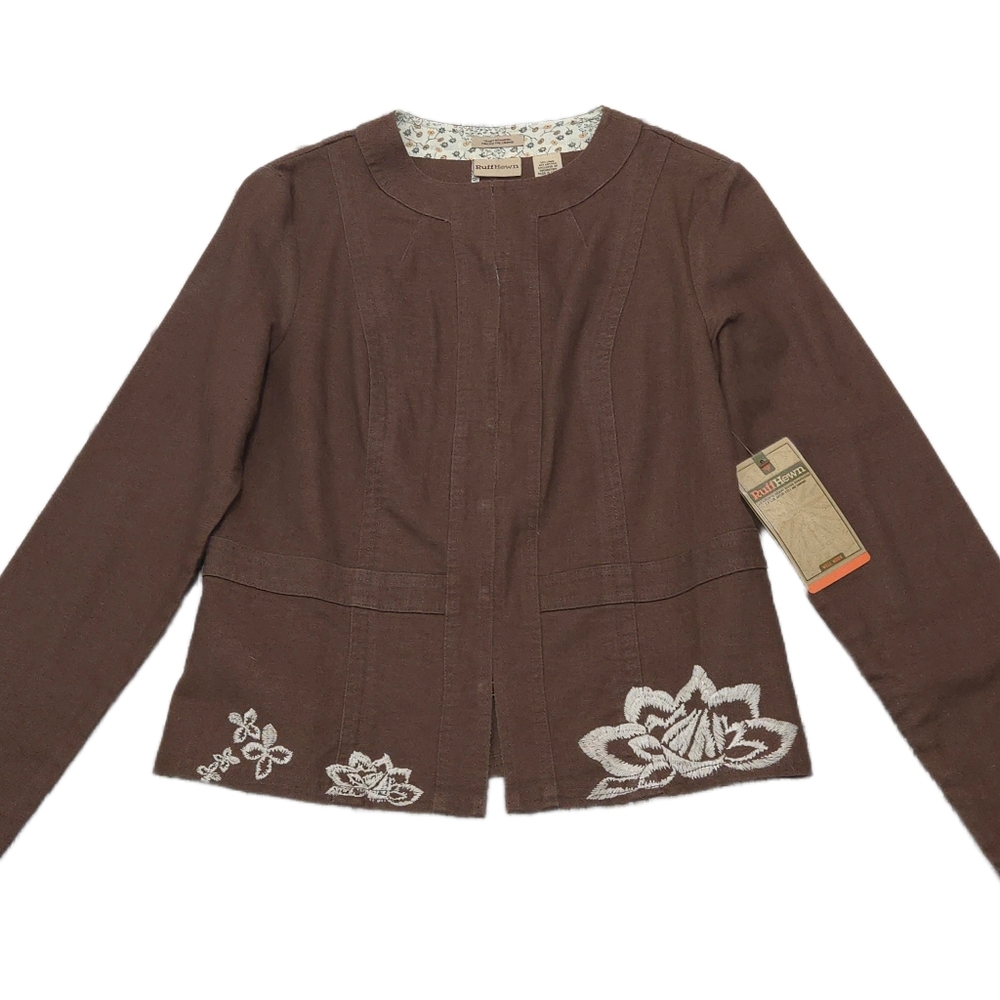 NWT Y2K RUFF HEWN Linen & Cotton Blend Embroidered Collarless Jacket - Picture 3 of 16